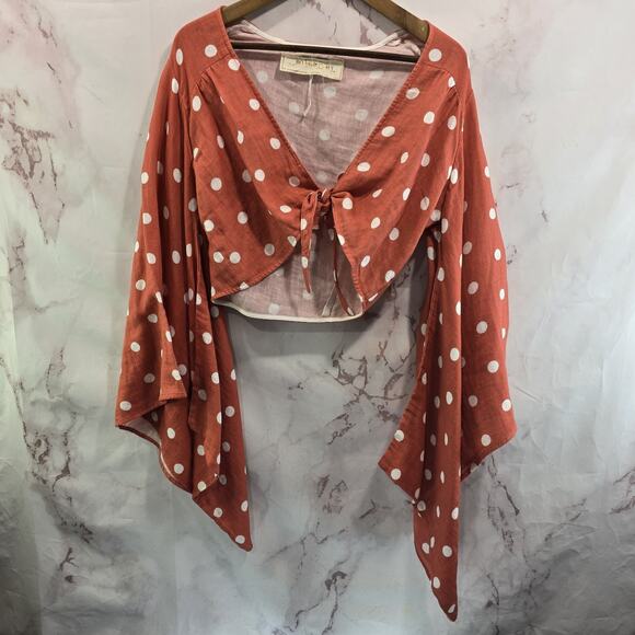 Jens Pirate Booty Womens Small Pink Crop Polka Dot Assymetric Sleeve Tie Knot - Picture 1 of 13